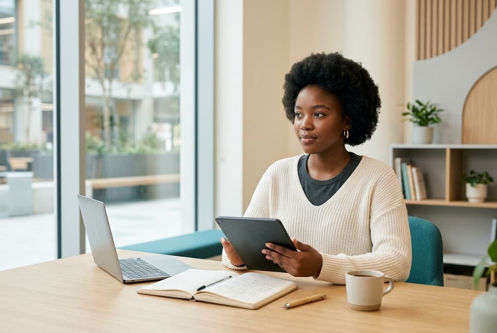 Apprenante utilisant une tablette et un ordinateur pour organiser une session d’apprentissage