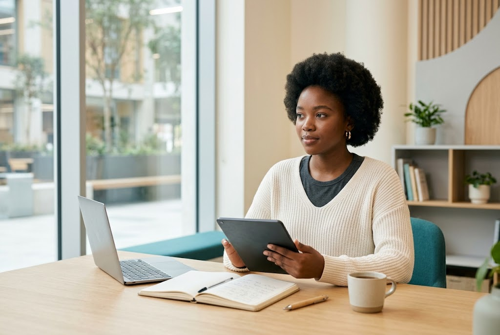 Apprenante utilisant une tablette et un ordinateur pour organiser une session d’apprentissage