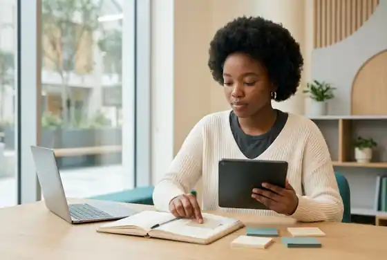 Apprenante organisant ses notes et sa tablette pendant une session de travail